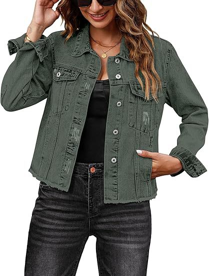 Dam kort skärning denimjacka med Frayed fåll och bröstfickor