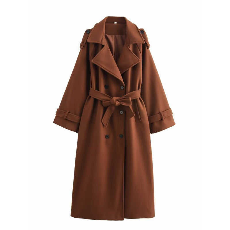 Dam Lång Dubbel-Breasted Ullblandning Trenchcoat med Bälte och Breda Slag