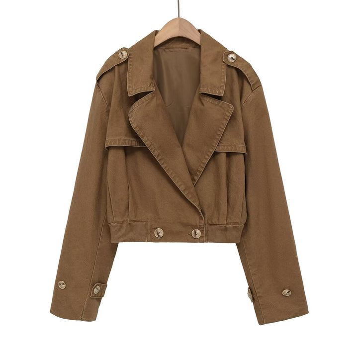 Dam Kort Trench Stil Jacka med Epaulettes, Tailored Ribbed Waistband och Dekorativ Knappar
