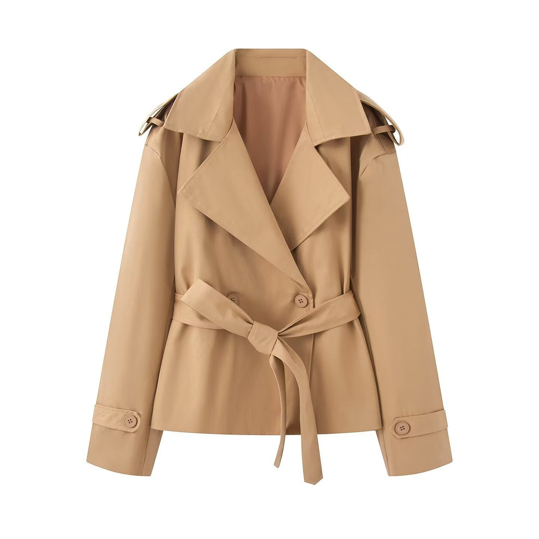 Dam Kort Trenchcoat med Wide Shawl Krage och Waist Tie Belt