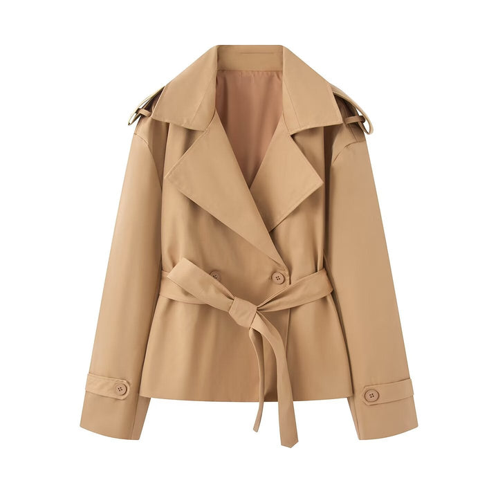 Dam Kort Trenchcoat med Wide Shawl Krage och Waist Tie Belt