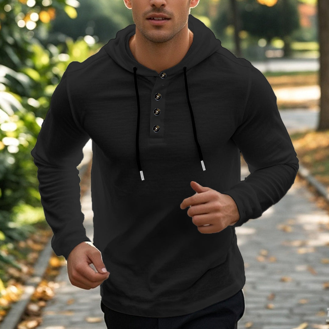 Herr Ledig Luvtröja i Henley Stil med Knapplist och Adjustable Dragsko
