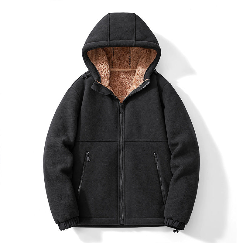 Herr Fleece Jacka med Huva med Teddy Foder, Zippered Fickor, och Adjustable Fåll