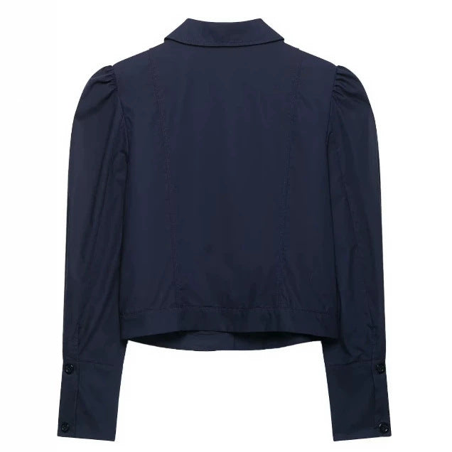Dam Kort Blouson Jacka med Puff Ärmar, Skjort Krage och Extended Muddar