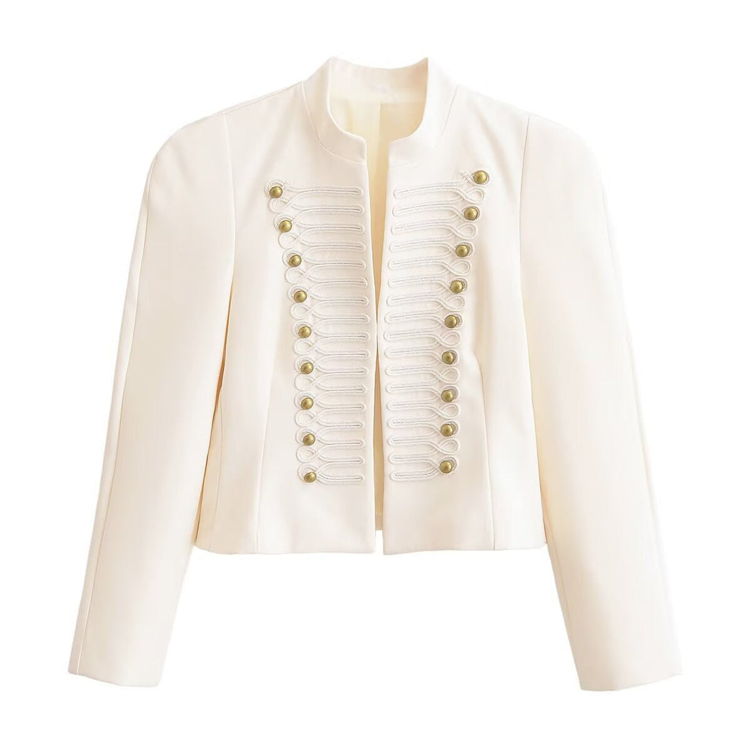 Dam Kort Jacka i Military Stil med Stå Krage &amp; Dekorativ Cord Embellishment