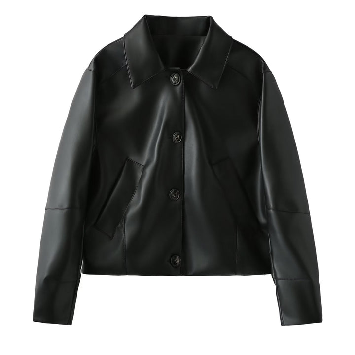 Dam kort jacka in shirt stil gjord vegan smooth läderlook med distinctive angled fickor