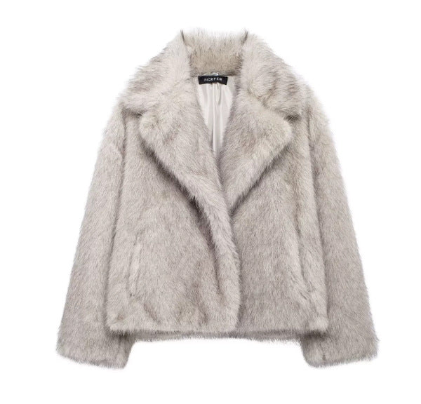 Dam 100+ Kort Faux Fur Jacka med Lapel Krage, Mjuk Teddy Fur och Dold Tryckknapp Knapp Knäppning