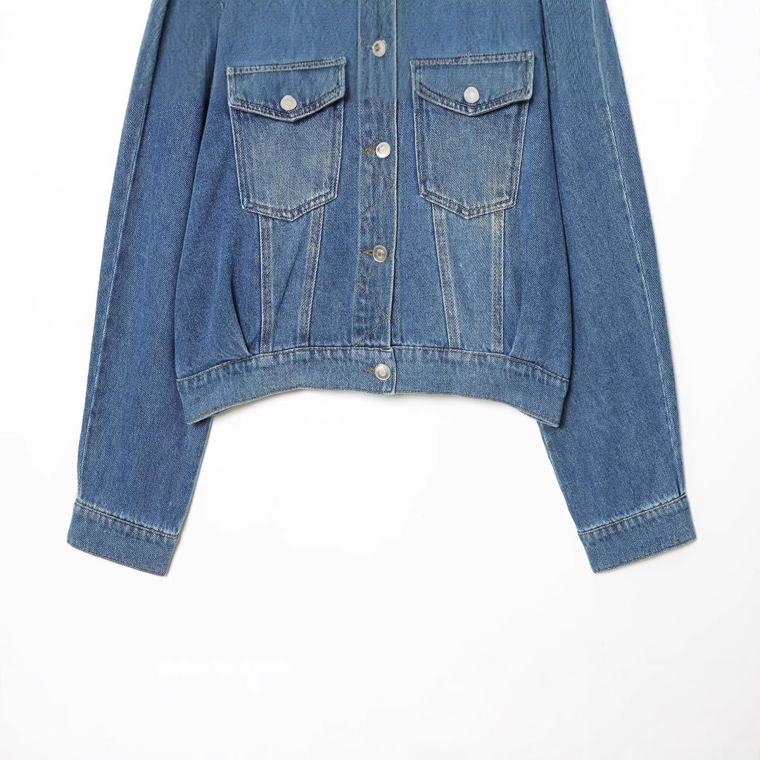 Dam Kort Skärning Oversize Denimjacka med Lock Fickor