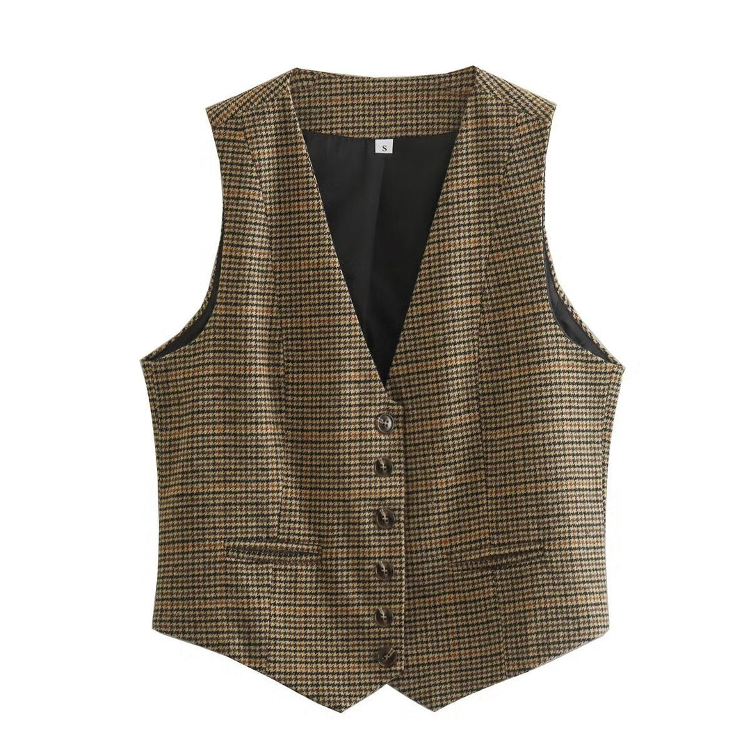 Dam Skräddarsydd Houndstooth Väst med V-ringad och Klassisk Knapplist