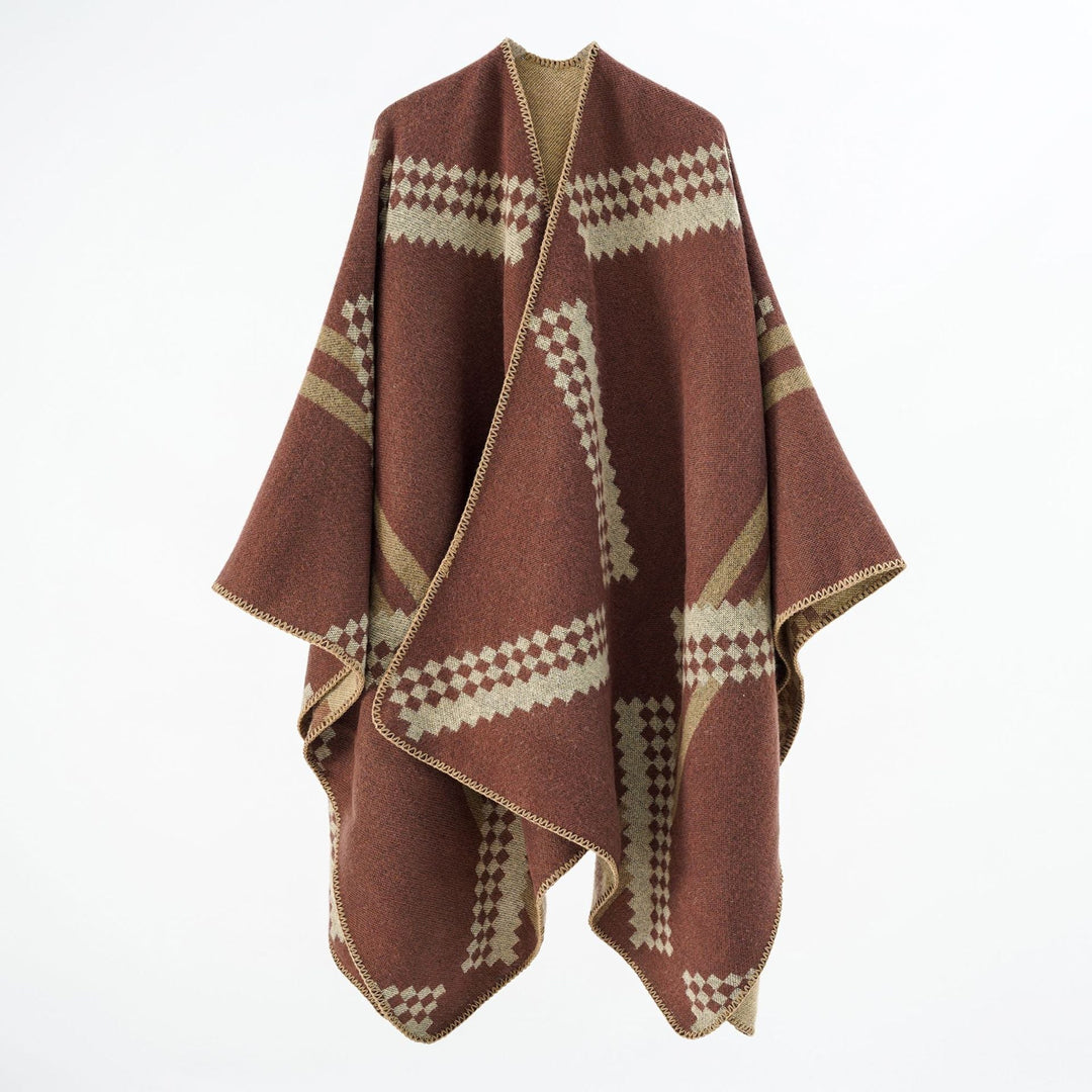 Dam oversized poncho Cape tillverkad av ullblandning med Geometric Jacquard och Decorative Stitching