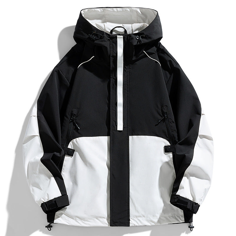 Unisex lätt två-tone wind och rain jacka med huva, dragsko och zip fickor
