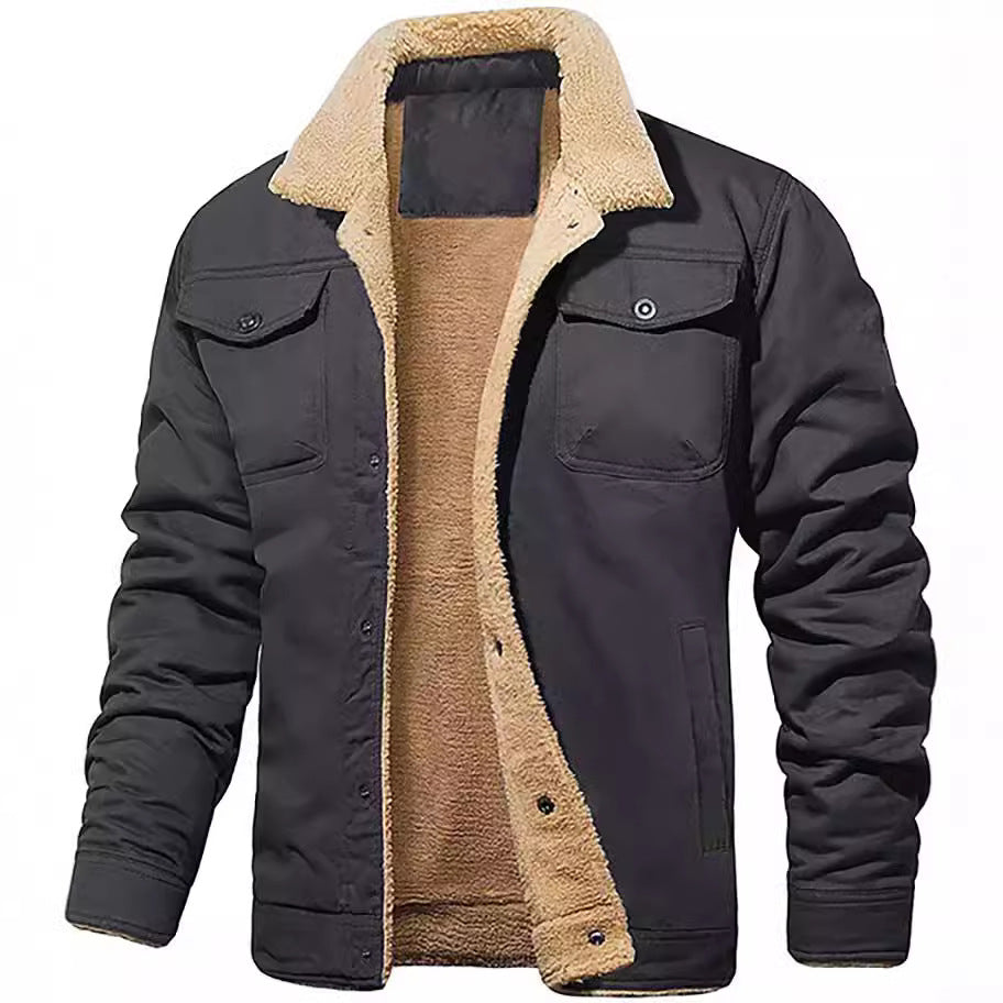 Herr Vadderad Sherpa Canvas Jacka med Knapp Slå och Bröstfickor