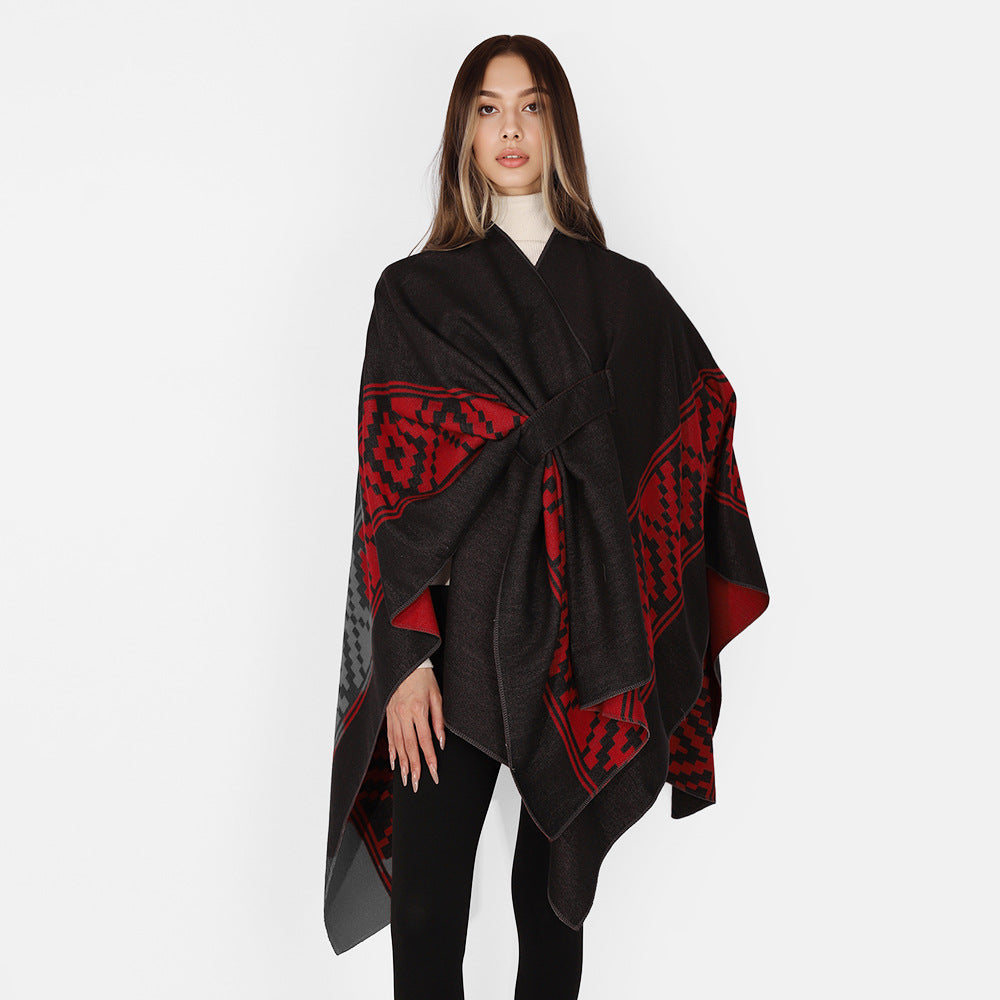 Dam Jacquard Ruana med TIE bälte och geometric mönster
