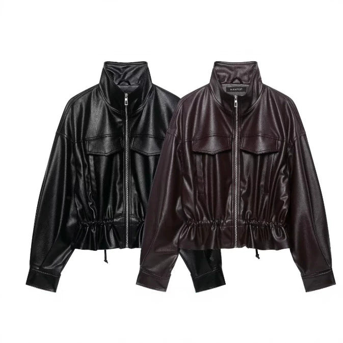 Dam Kort Faux Läder Blouson med Stå Krage, Lock Fickor och Drawstring Waist