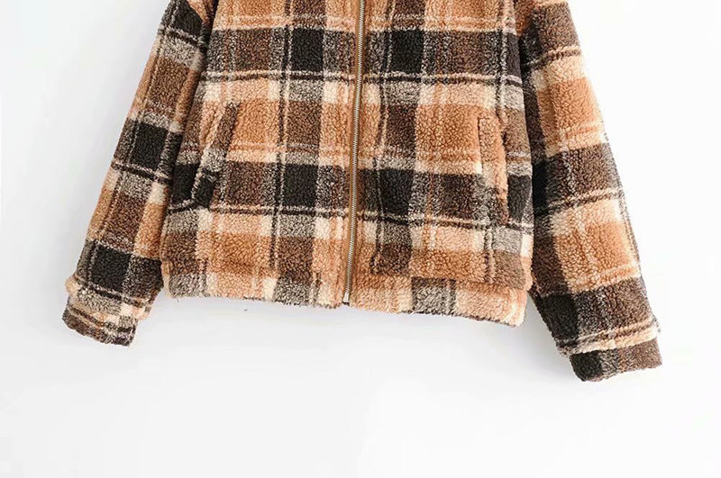 Dam Checked teddy jacka med dragkedja, oversize skärning och Faux Fur foder