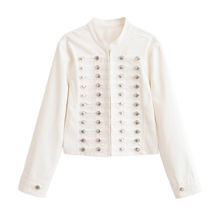 Dam Kort Jacka i A Military-Inspired Marching Uniform Look med Dekorativ Chain Knappar
