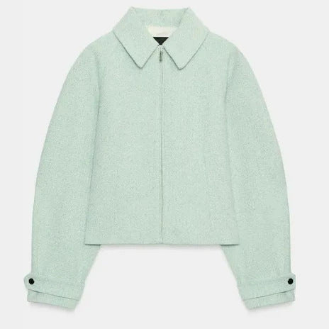 Dam Kort Bouclé Blouson med Dold Dragkedja och Skjort Krage