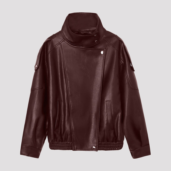 Dam oversize konstläder jacka med hög ståkrage och Asymmetric Placket