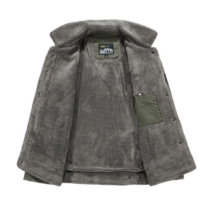 Herr Vintage-Inspired Canvas Worker Jacka med Full Teddyfoder, Bröst Patches och Multifunctional Fickor