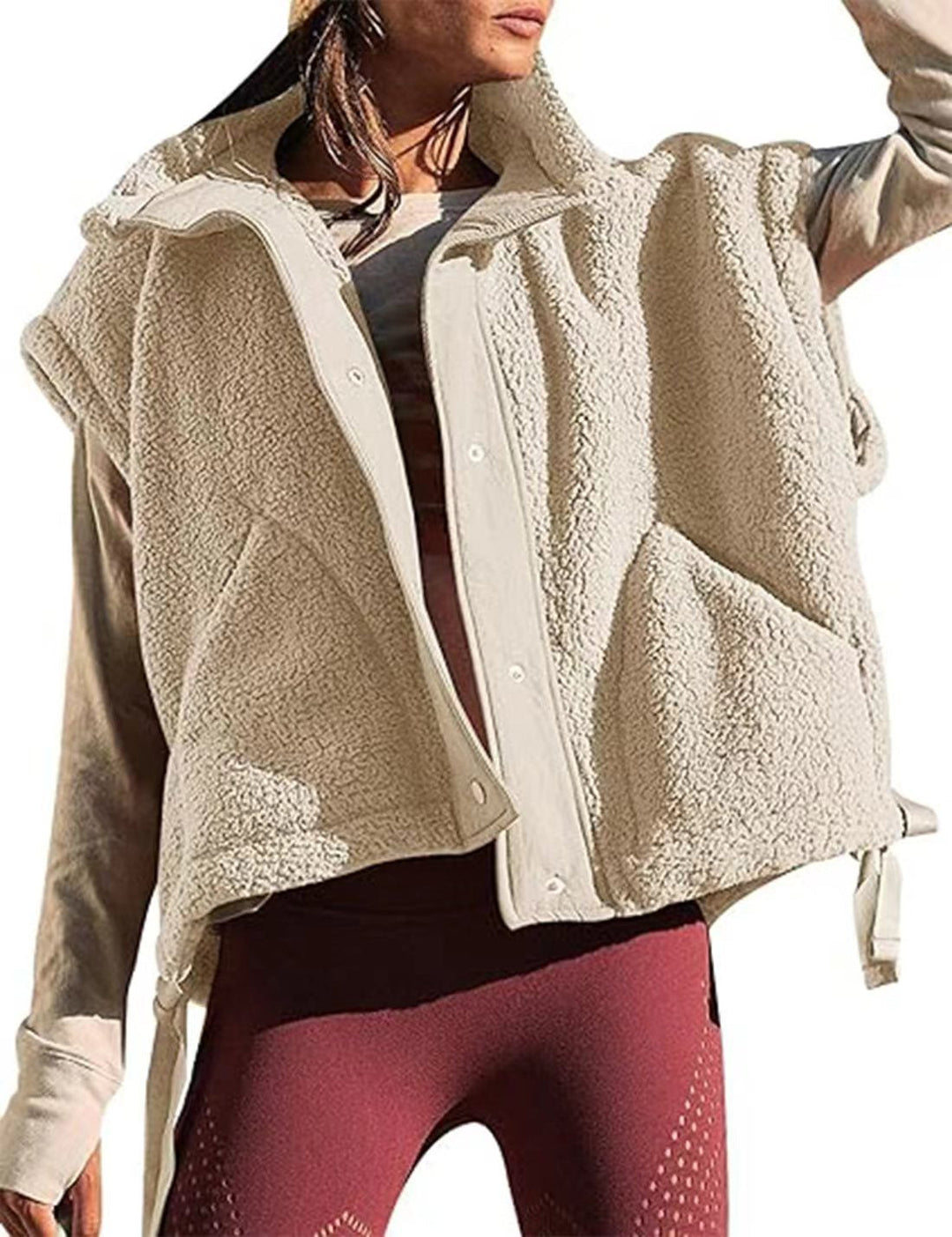 Dam oversize teddy fleece väst med huva och tryckknappar