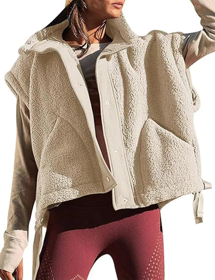 Dam oversize teddy fleece väst med huva och tryckknappar
