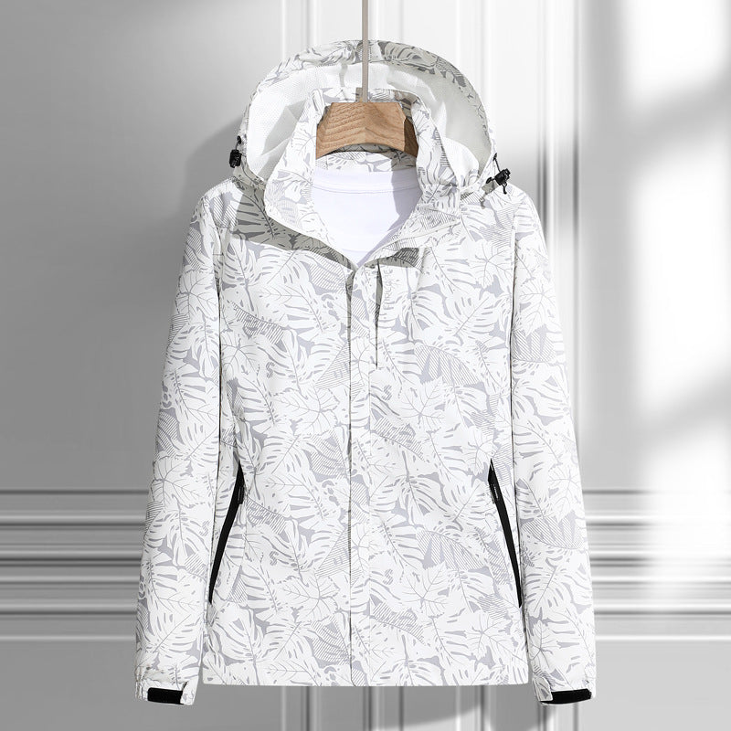 Dam lätt packable regn och wind jacka med huva, leaf mönster och concealed zippers