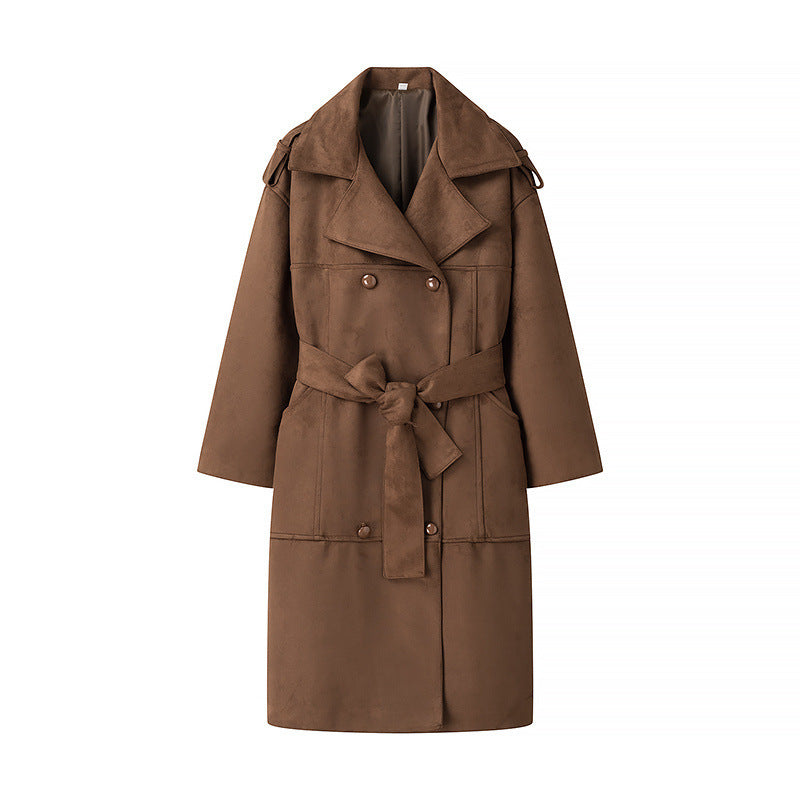 Dam lång oversize Velour läder trenchcoat med knytband och Shoulder Straps