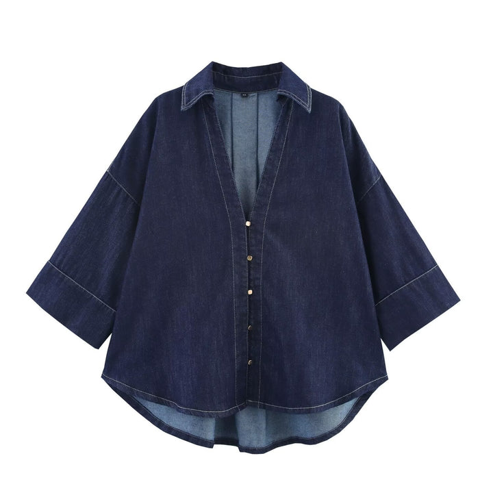 Dam Oversized Denim Skjorta Jacka med Three-Quarter Ärmar och Hög-Low Fåll