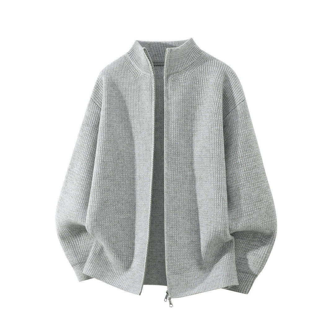 Herr Oversized Chunky Stickad Dragkedja Cardigan med Ståkrage och Tvåvägsdragkedja