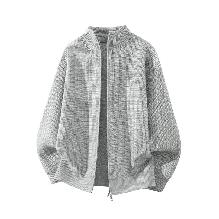 Herr Oversized Chunky Stickad Dragkedja Cardigan med Ståkrage och Tvåvägsdragkedja