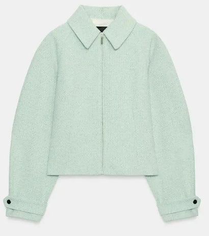 Dam Kort Bouclé Blouson med Dold Dragkedja och Skjort Krage