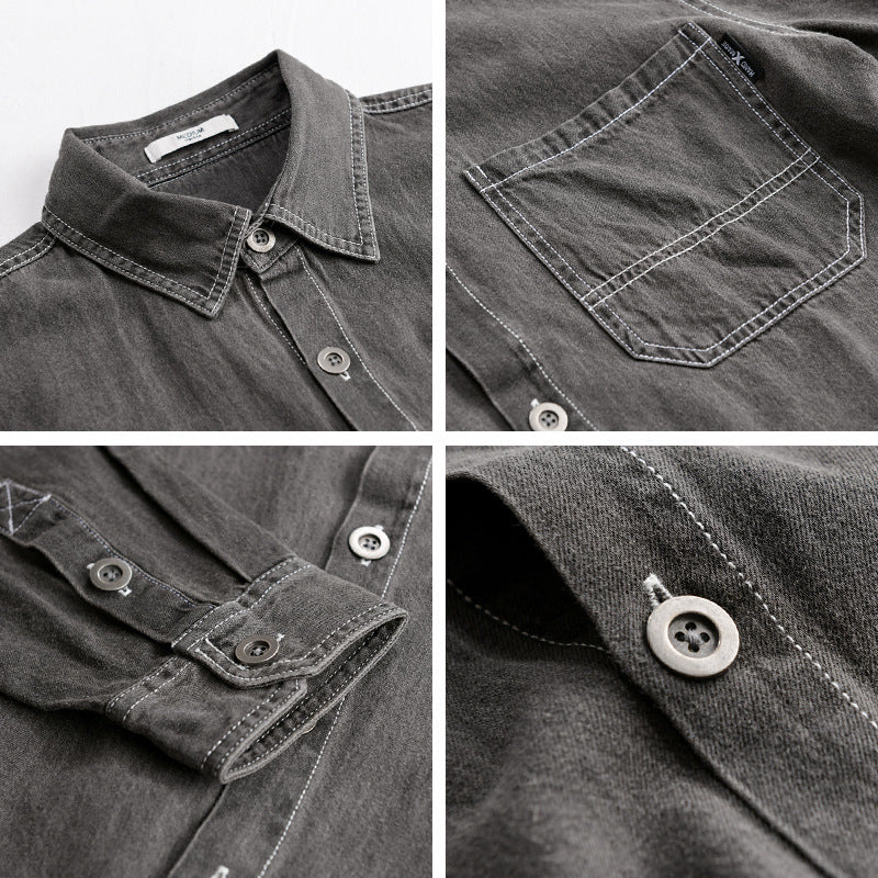 Herr Washed Denim Overshirt i Arbetskläder Look med Kontrast Stitches