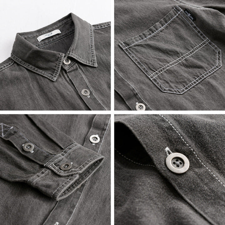 Herr Washed Denim Overshirt i Arbetskläder Look med Kontrast Stitches