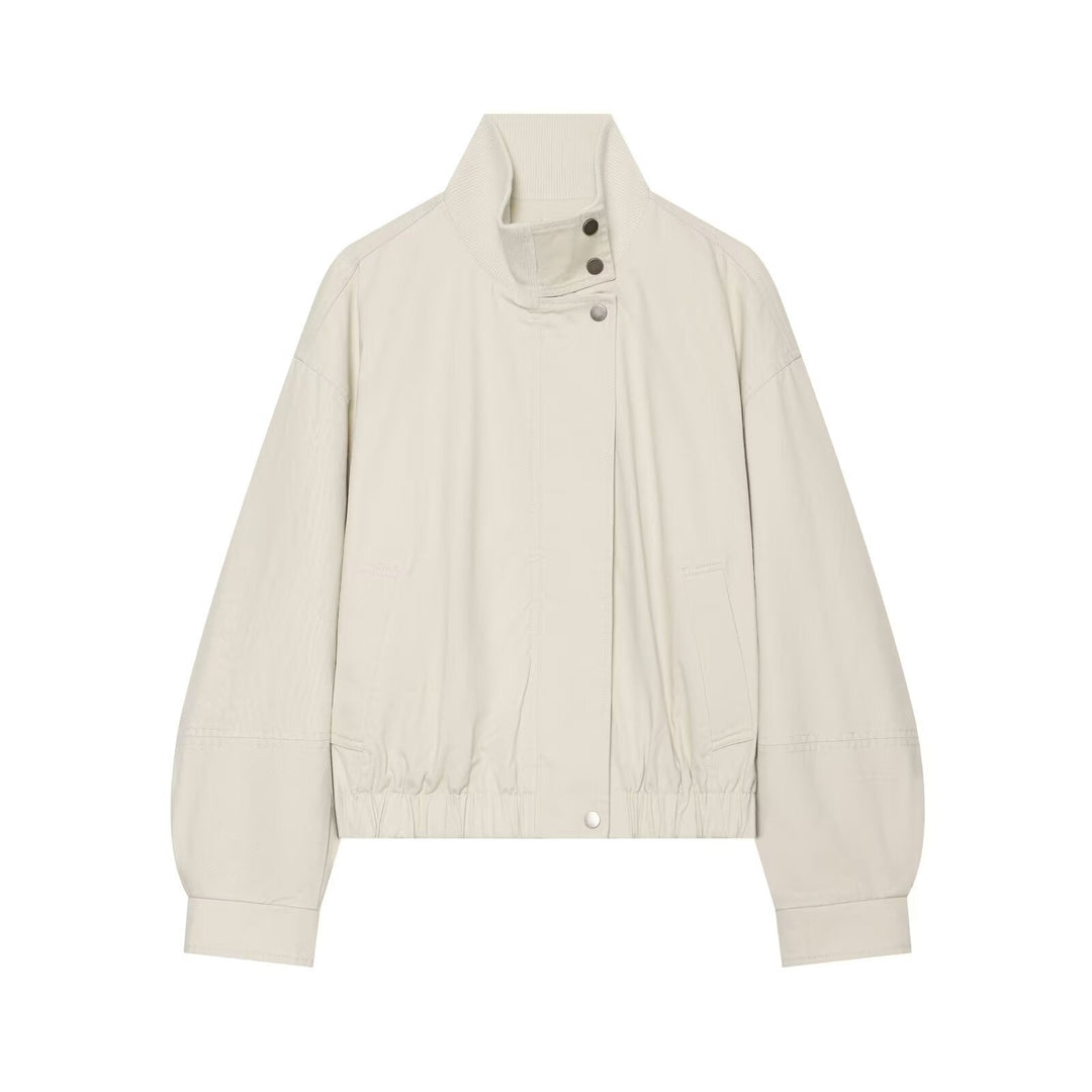 Dam Boxig Kort Blouson med Hög Ribbed Stå Krage och Drawstring Nederkant