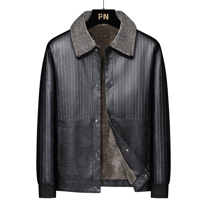 Herr Konstläder Blouson med Sherpa Krage, Varm Teddyfoder och Pinstripe Detalj