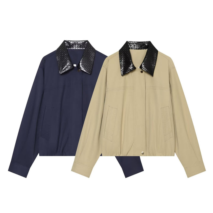 Dam Lätt Oversize Blouson Jacka med Contrasting Embossed Faux Läder Krage