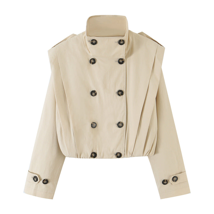 Dam Kort Double-Breasted Trench Jacka med Stå Krage och Tailoring Elastic