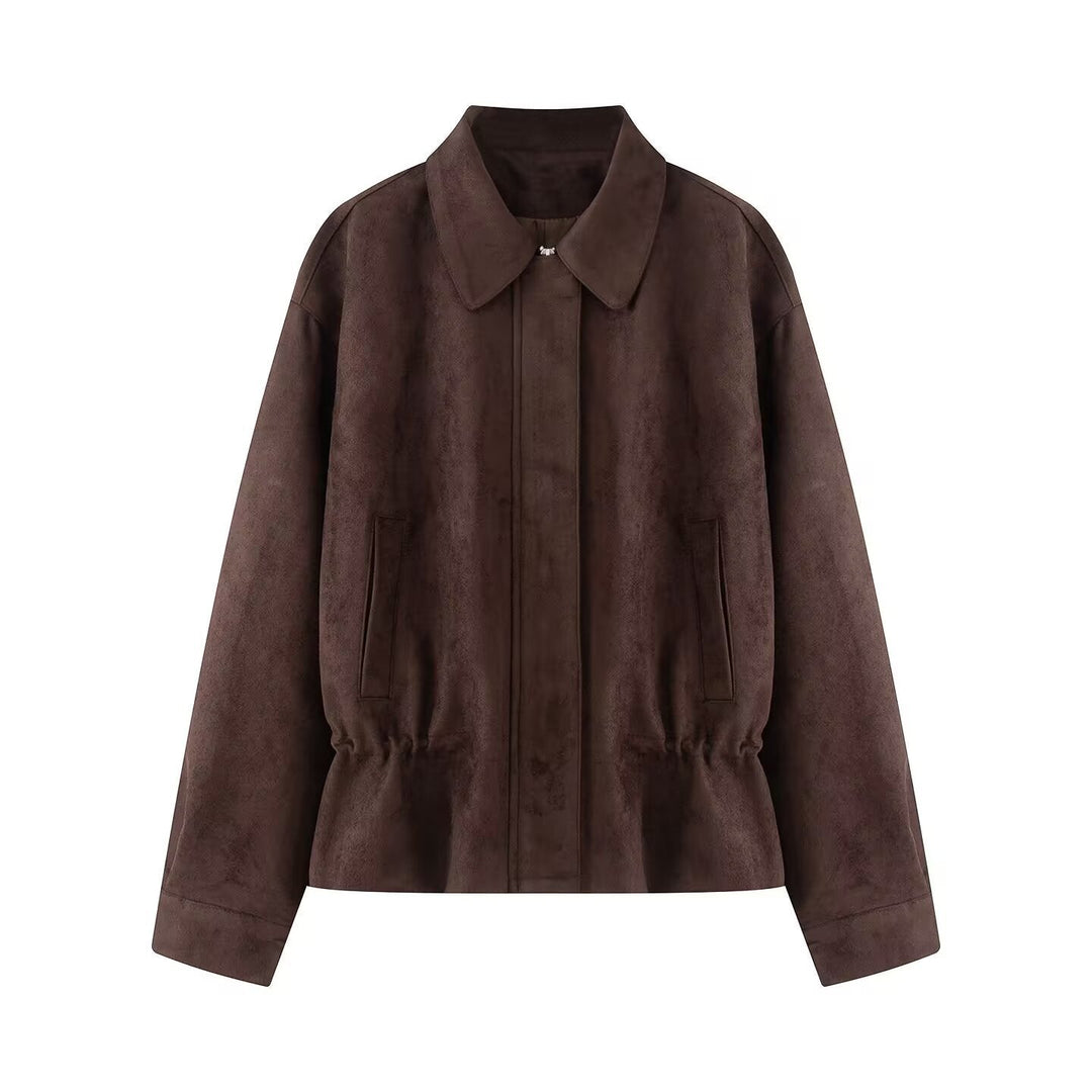 Dam Boxig Blouson Jacka Tillverkad av Suede-Like Material med Tailoring Tunnel och Dold Front