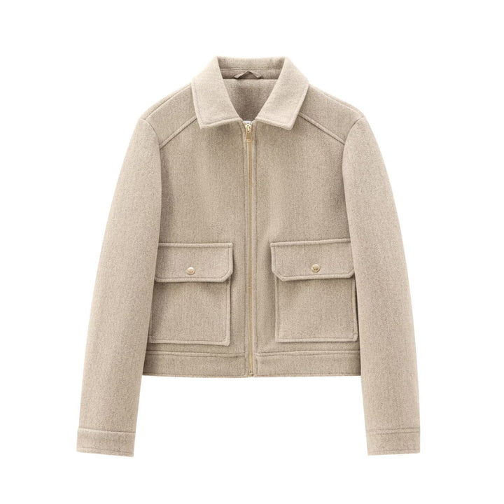 Dam Kort Boxig Jacka i Suede Look med Stå Krage, Dragkedja och Patch Fickor