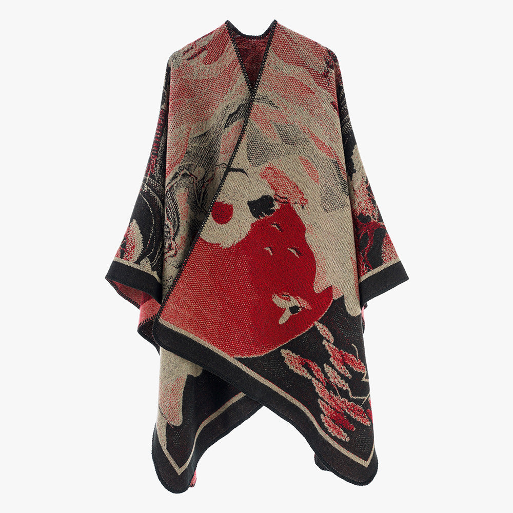 Dam jacquard cape med graphic floral motif och boxy oversized skärning