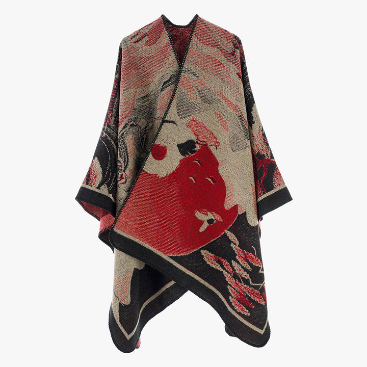 Dam jacquard cape med graphic floral motif och boxy oversized skärning