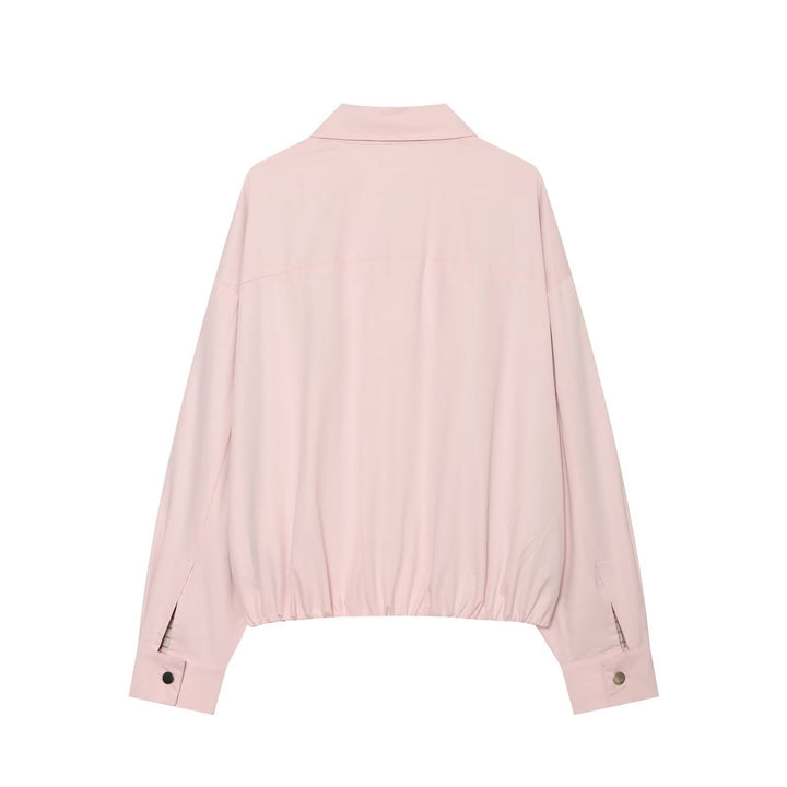 Dam Lätt Kort Blouson med Skjort Krage, Dold Dragkedja och Elastic Nederkant