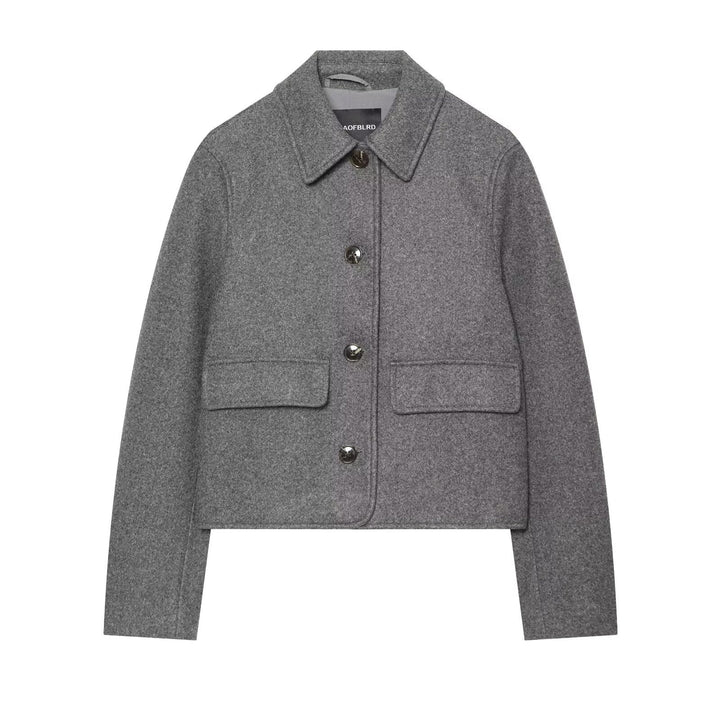 Dam Kort Boxig Ull Blouson med Skjort Krage och Lock Fickor