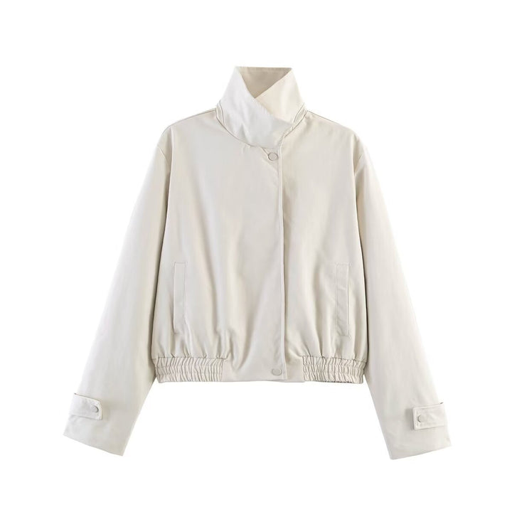 Dam kort skärning boxy blouse jacka med hög ståkrage, snap knappslå, och elastic fåll
