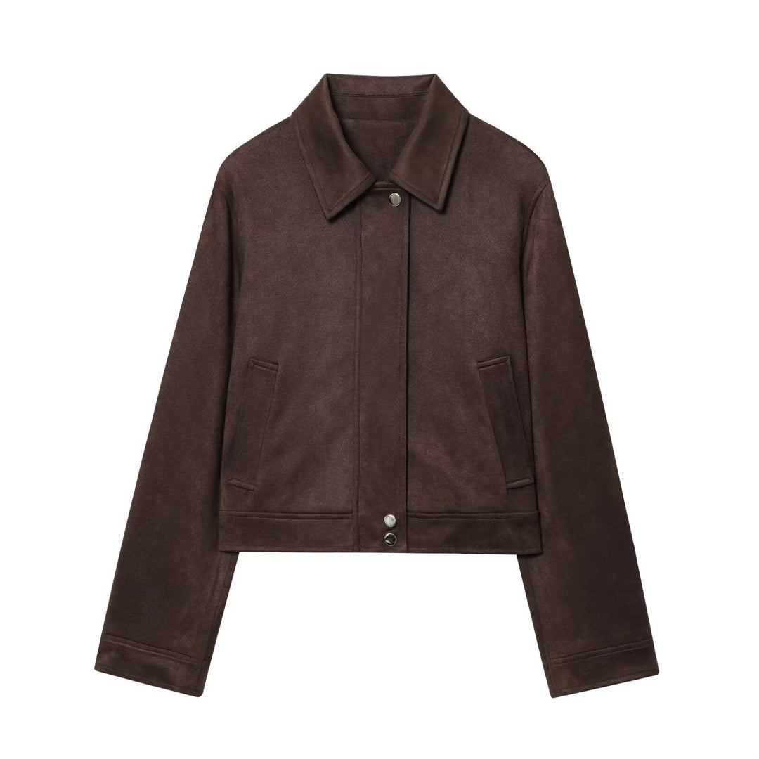 Dam 30+ Kort Skärning Velvet Jacka i Blouson Stil med Skjort Krage och Dold Tryckknapp Knapp Knäppning