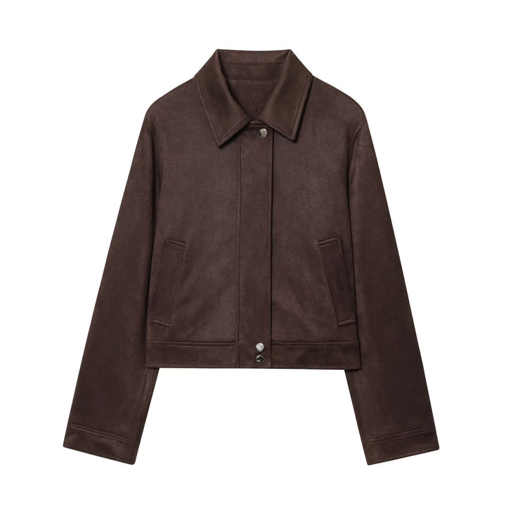 Dam 30+ Kort Skärning Velvet Jacka i Blouson Stil med Skjort Krage och Dold Tryckknapp Knapp Knäppning