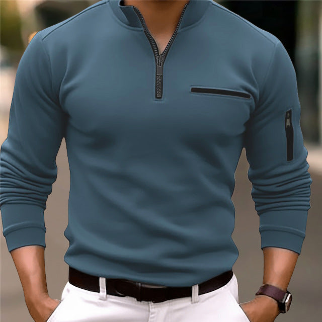 Herr Smal-Passform Pullover med Halv Dragkedja, Bröst och Ärm Ficka