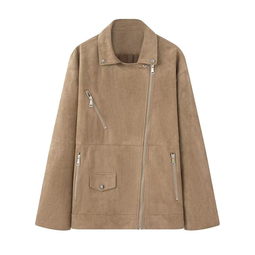 Dam lång oversized bikerjacka i velour look med diagonal dragkedja och multiple fickor
