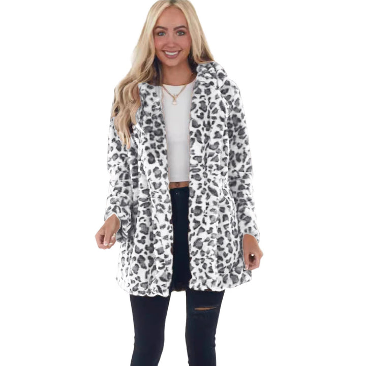 Dam Faux-Fur Leopard-tryck Hooded plysch Mid-Length kappa