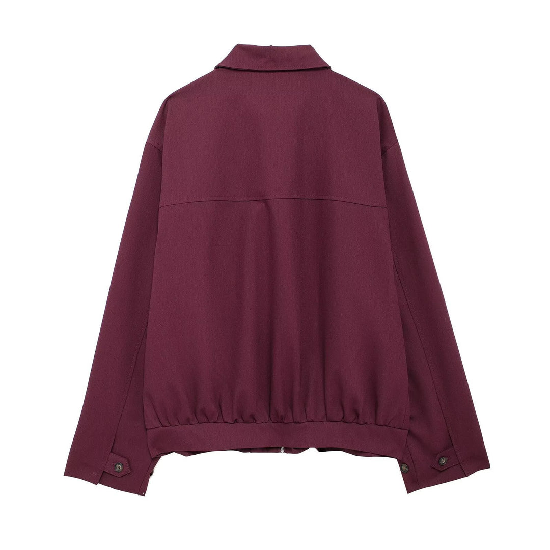 Dam Oversize Blouson med Dragkedja, Skjort Krage, och Side Fickor